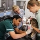 Veterinary nurse examining cat's wound